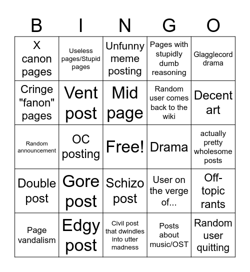 Glagglepedia Bingo Card