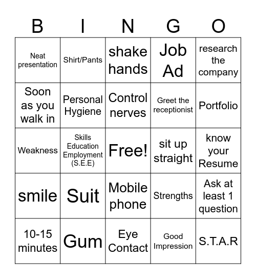 Interview Preparation Bingo Card