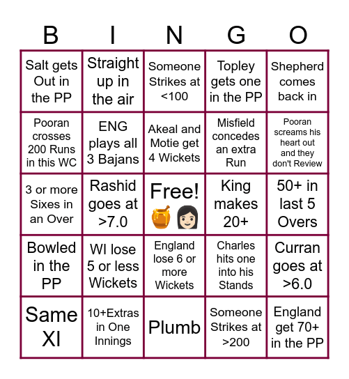 WI vs ENG Bingo Card