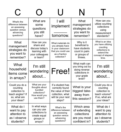 Extending Counting Collections Bingo Card