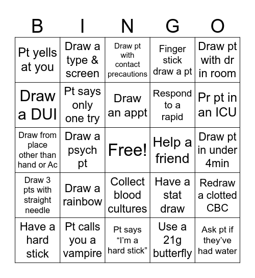 PHLEBOTOMY BINGO Card