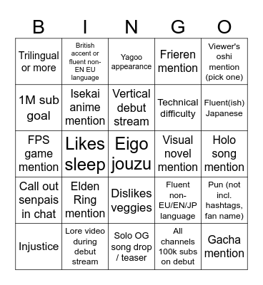 holoJustice Debut Bingo Card