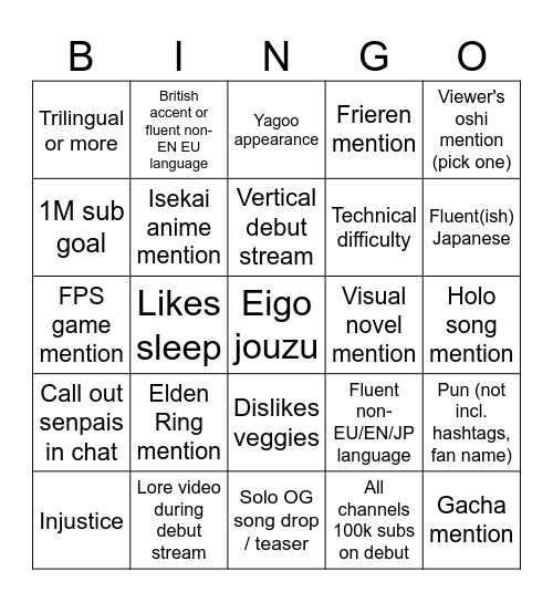 holoJustice Debut Bingo Card