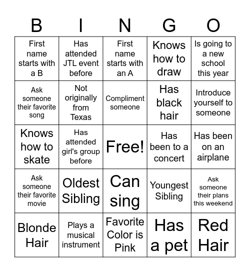 Girl's Group Rapport Building Bingo Card