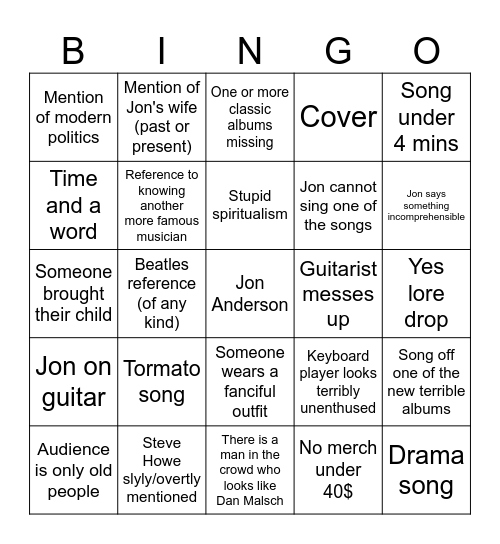 Jon Anderson Concert Bingo Card