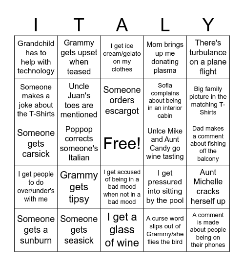 2024 Family Italy Trip Bingo Card