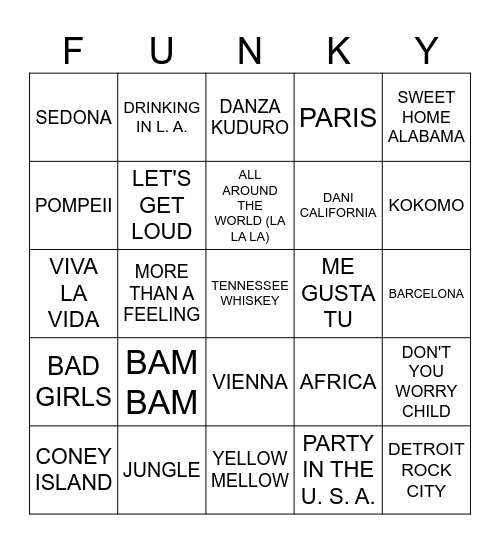 TRAVEL BY TUNES Bingo Card