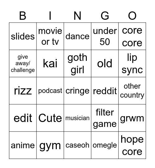 tiktok Bingo Card