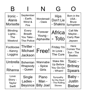 Songs Bingo Card