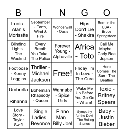 Songs Bingo Card