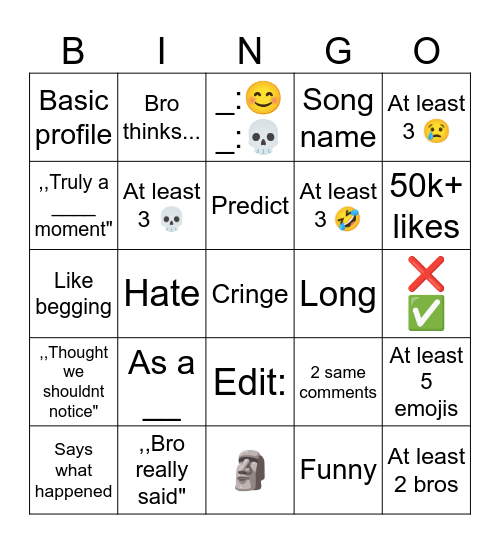 Youtube comments bingo Card