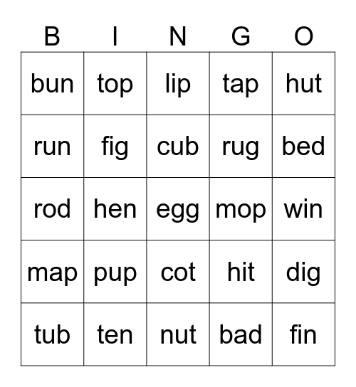 Short Vowels Bingo Card