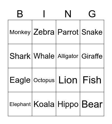 Animals Bingo Card