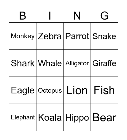 Animals Bingo Card