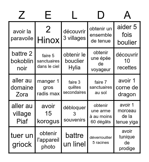 Zelda TOTK Bingo Card
