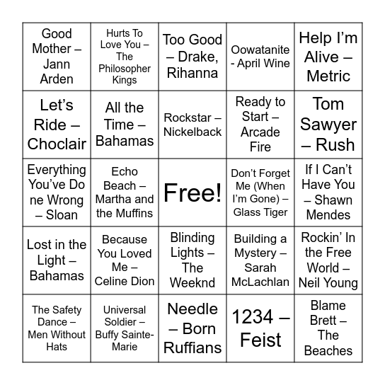 Canada Day Music Bingo Card