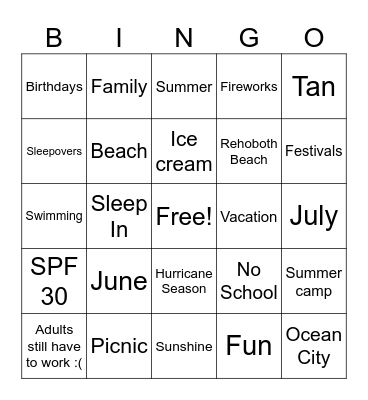 Summer Time Bingo! Bingo Card