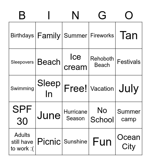 Summer Time Bingo! Bingo Card