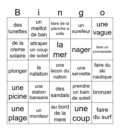 French Summer Words Bingo Card