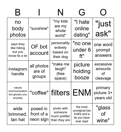 Online Dating Profile - Women Edition Bingo Card
