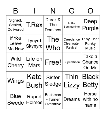 70s - Musical Bingo Card