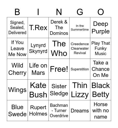 70s - Musical Bingo Card