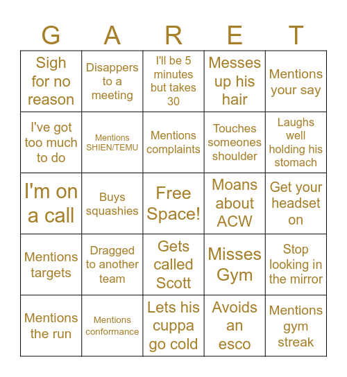 Gareth Bingo Card