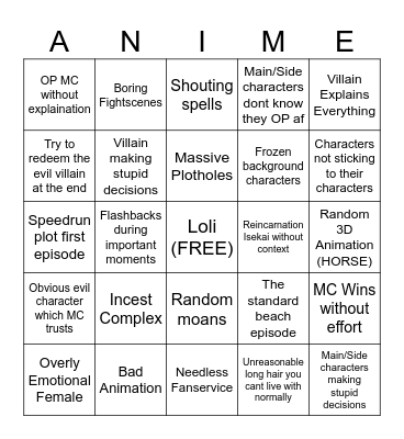 The Bad Anime Bingo Card