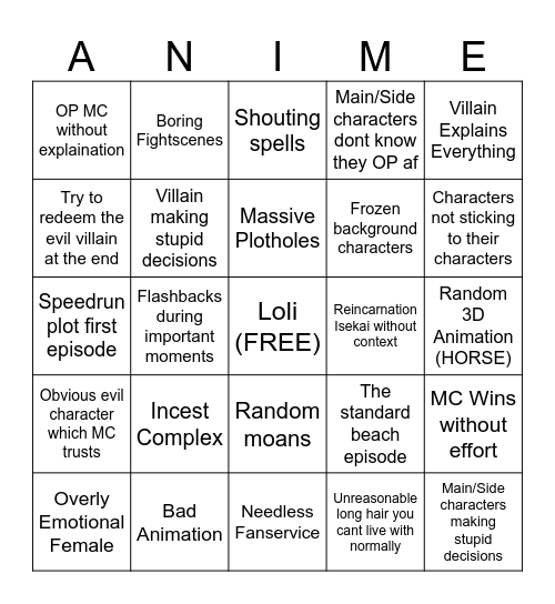 The Bad Anime Bingo Card