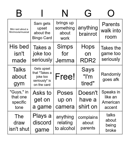 Sam Bingo Card