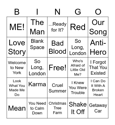 Taylor Swift Bingo Card