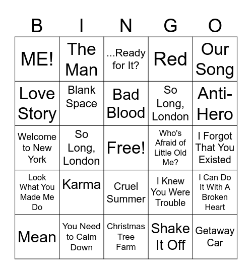 Taylor Swift Bingo Card