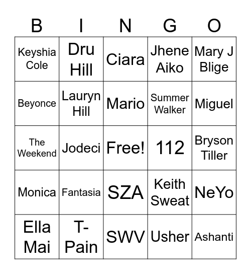 R&B Bingo Card
