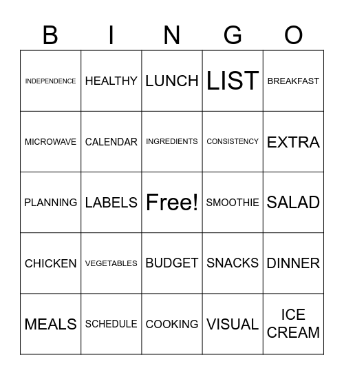 MEAL PLANNING BINGO Card