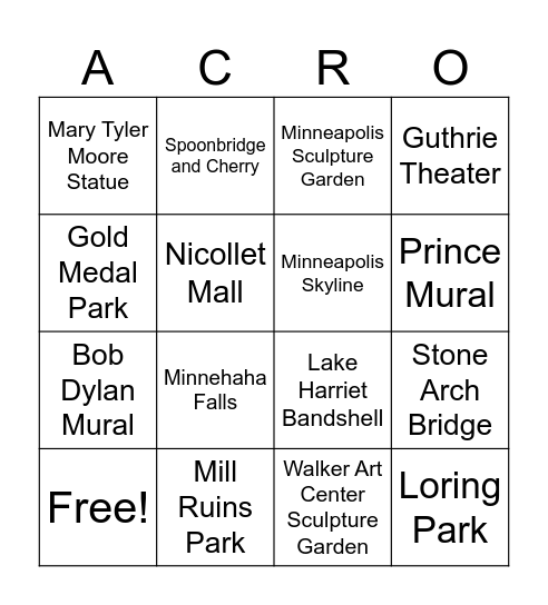 Acro Nationals 2024 Bingo Card