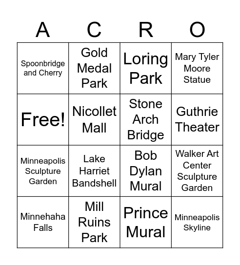 Acro Nationals 2024 Bingo Card