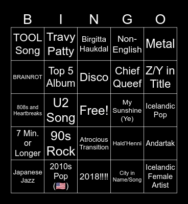 Bipolar Playlist Bingo Card