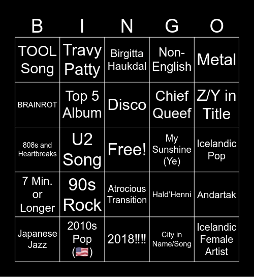 Bipolar Playlist Bingo Card