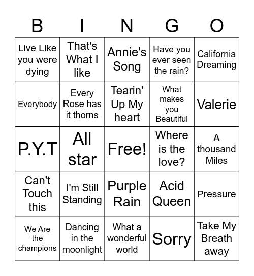 mUSIC fRIDAY nIGHT bingo Card