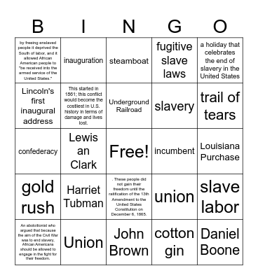 Westward expansion, Industrial Revolution & Civil War Bingo Card