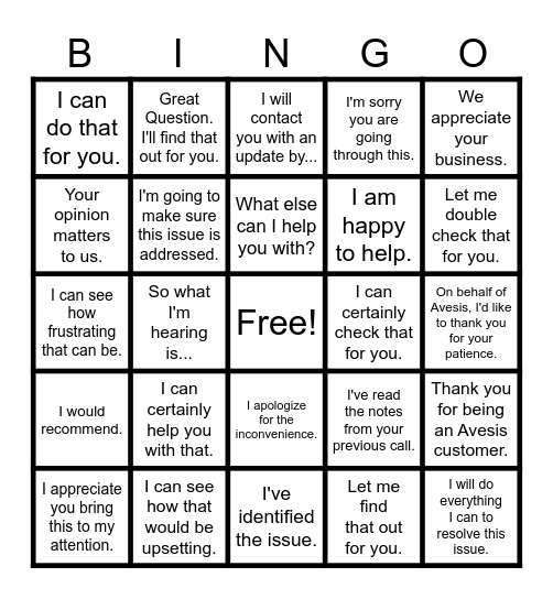 Customer Service Bingo Card