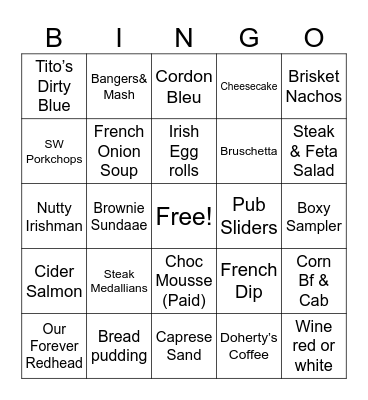 Doherty’s Pub Bingo Card