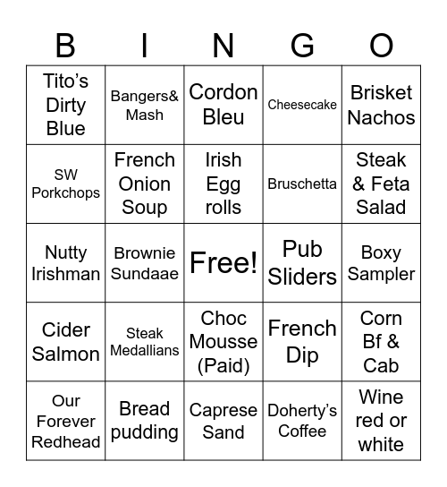 Doherty’s Pub Bingo Card