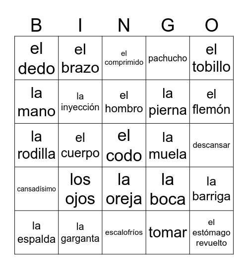 le corps humain Bingo Card