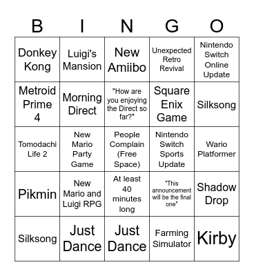 June 2024 Nintendo Direct Bingo Card