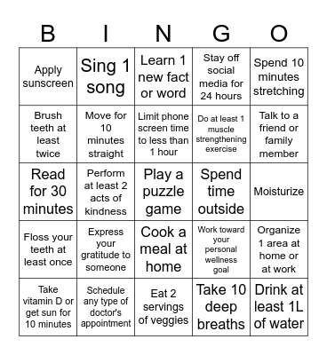 Healthy Habits Bingo Card
