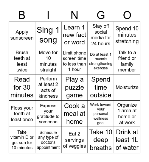 Healthy Habits Bingo Card