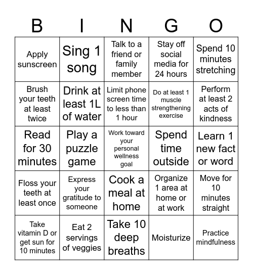 Healthy Habits Bingo Card