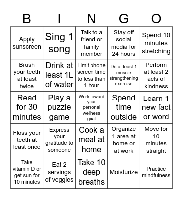 Healthy Habits Bingo Card