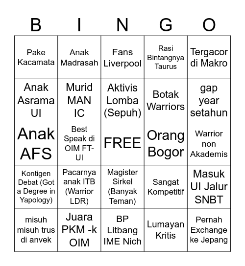 Bingo Person no. 1 Bingo Card